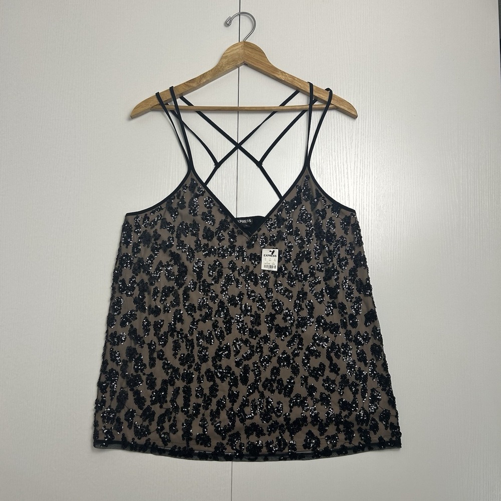 Express Black Sequin V-Neck Spaghetti Strap Camisole Tank Top Size L Glam NWT - Picture 1 of 10